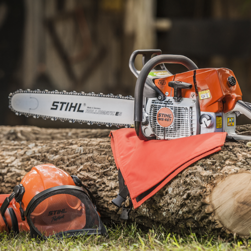 A Stihl chainsaw and gear posed on a fallen tree.